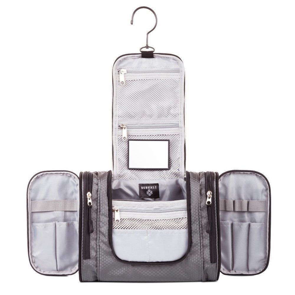 Borsali Gray Hanging Toiletry Bag Travel Organizer Mirror NWT